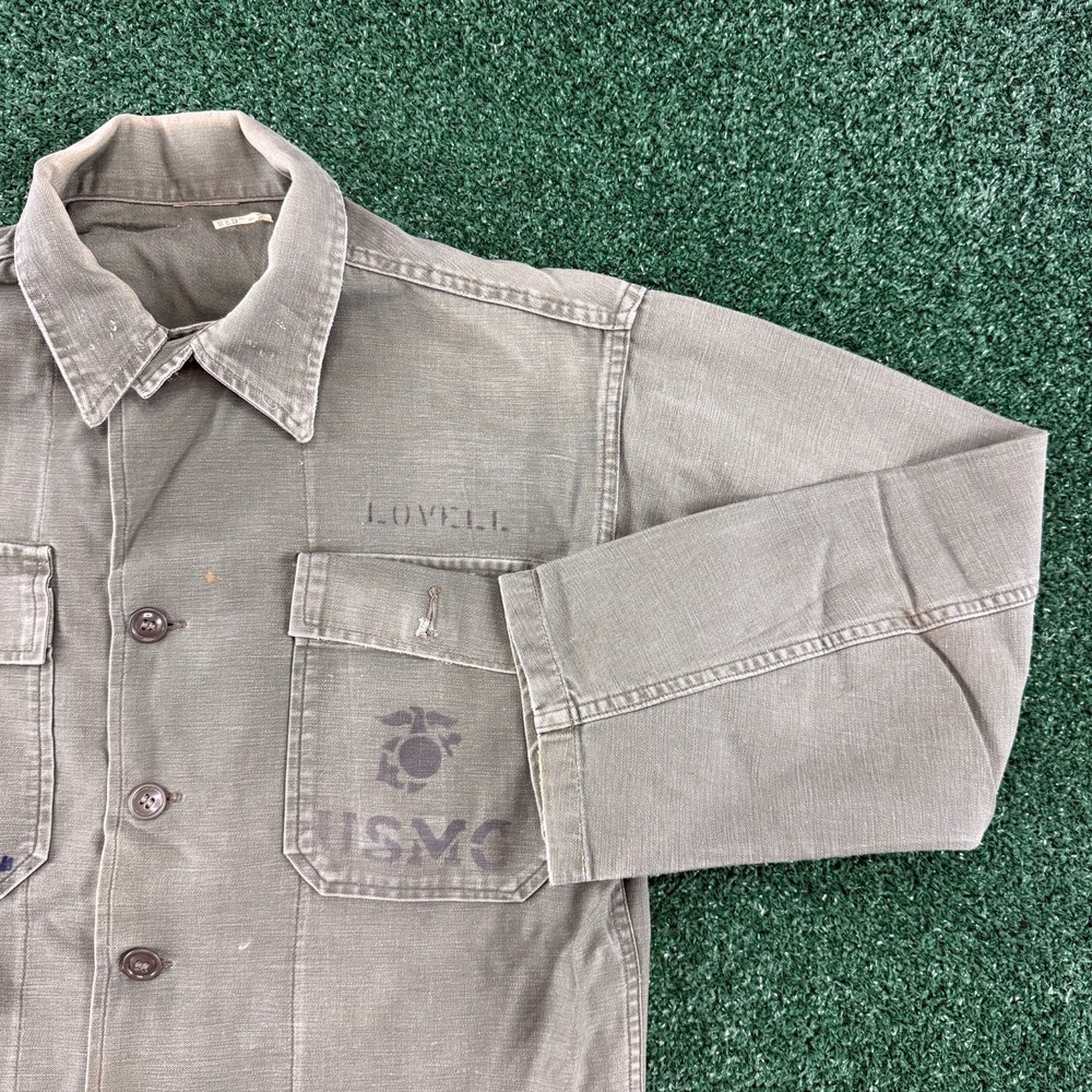 Vintage 60s USMC P56 OG-107 Utility Button Up Shirt Mens Large Military Stencil
